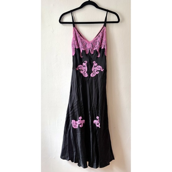Betsey Johnson Dresses & Skirts - Betsey Johnson New York Black Silk Midi Dress With Pink Lace Vintage Y2K 1990s